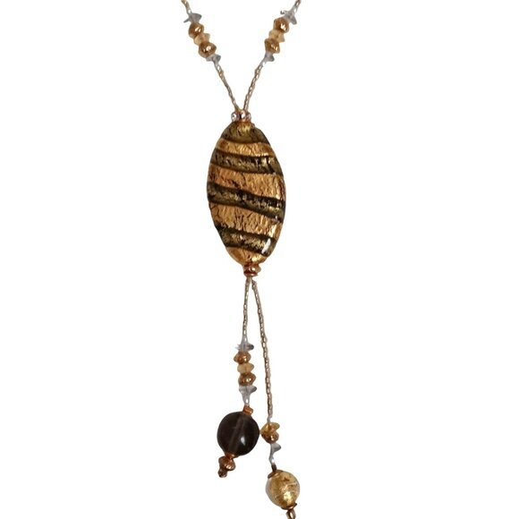 Boho Black Gold Oval Charm Pendant Necklace Beaded Slay Egyptian Revival - Picture 1 of 4